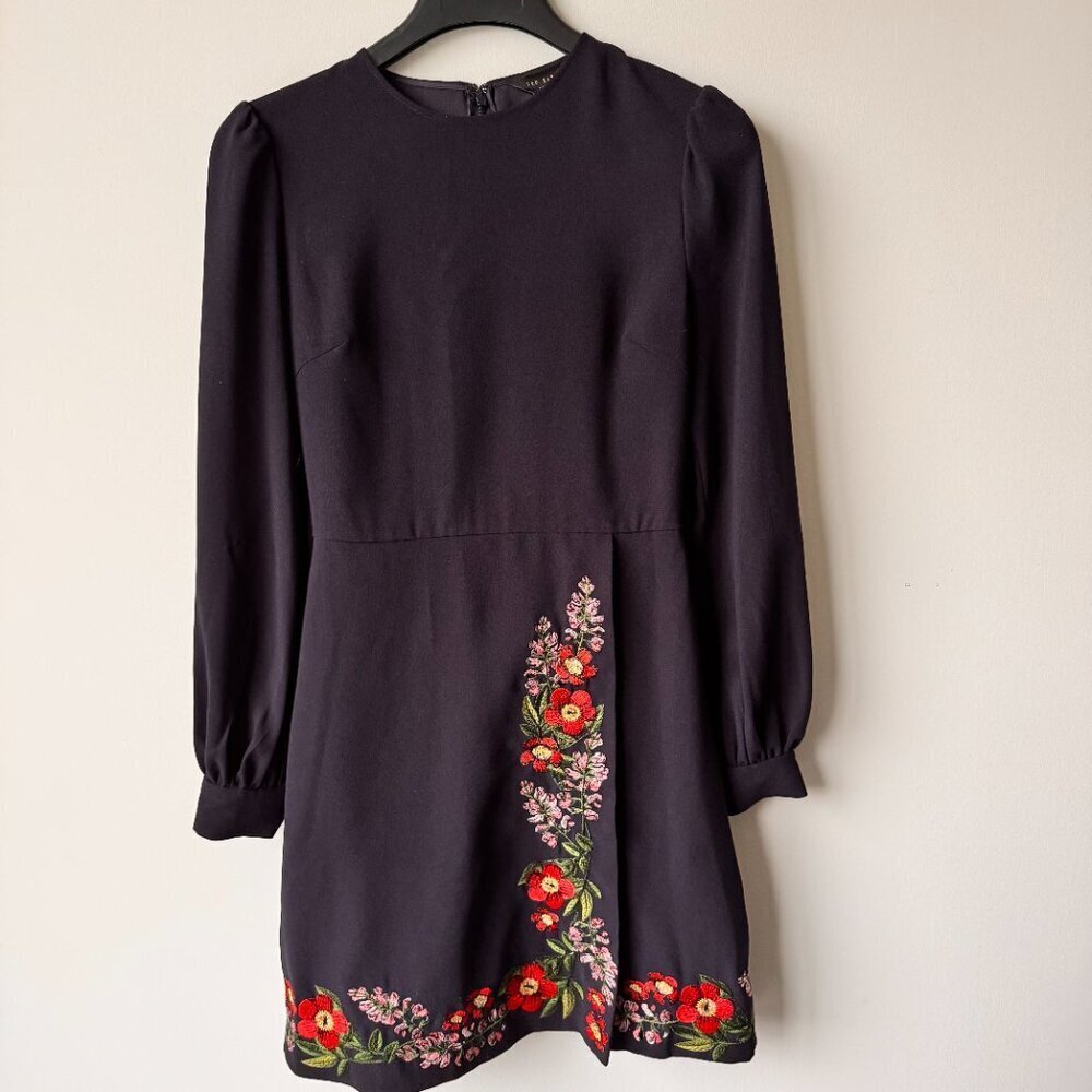 Ted Baker Long Sleeve Belted Floral Embroidered Dress Navy - Picture 5 of 14